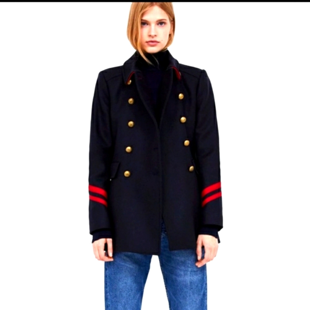 ZARA MILITARY STYLE BLUE WOOL BLEND CLASSIC SHORT COAT JACKET SIZE M